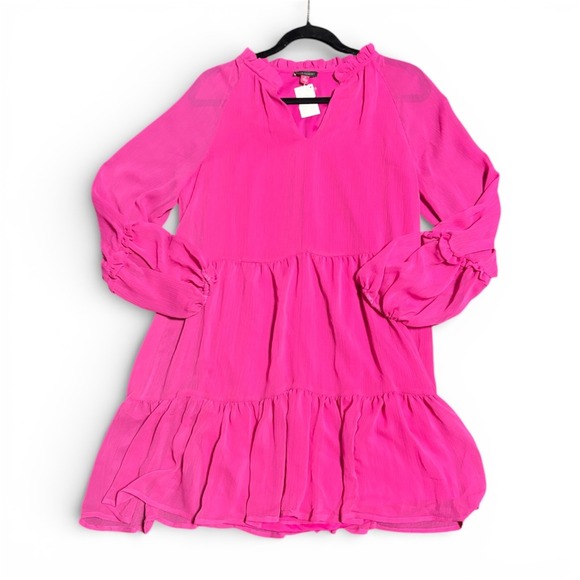 Vince Camuto Ruffle Neck Tiered Babydoll Dress Fuchsia Pink Long Sleeve M - Picture 3 of 9